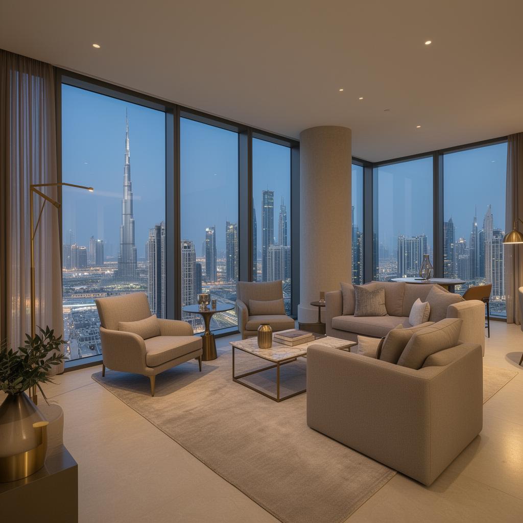Designer apartment met skyline view