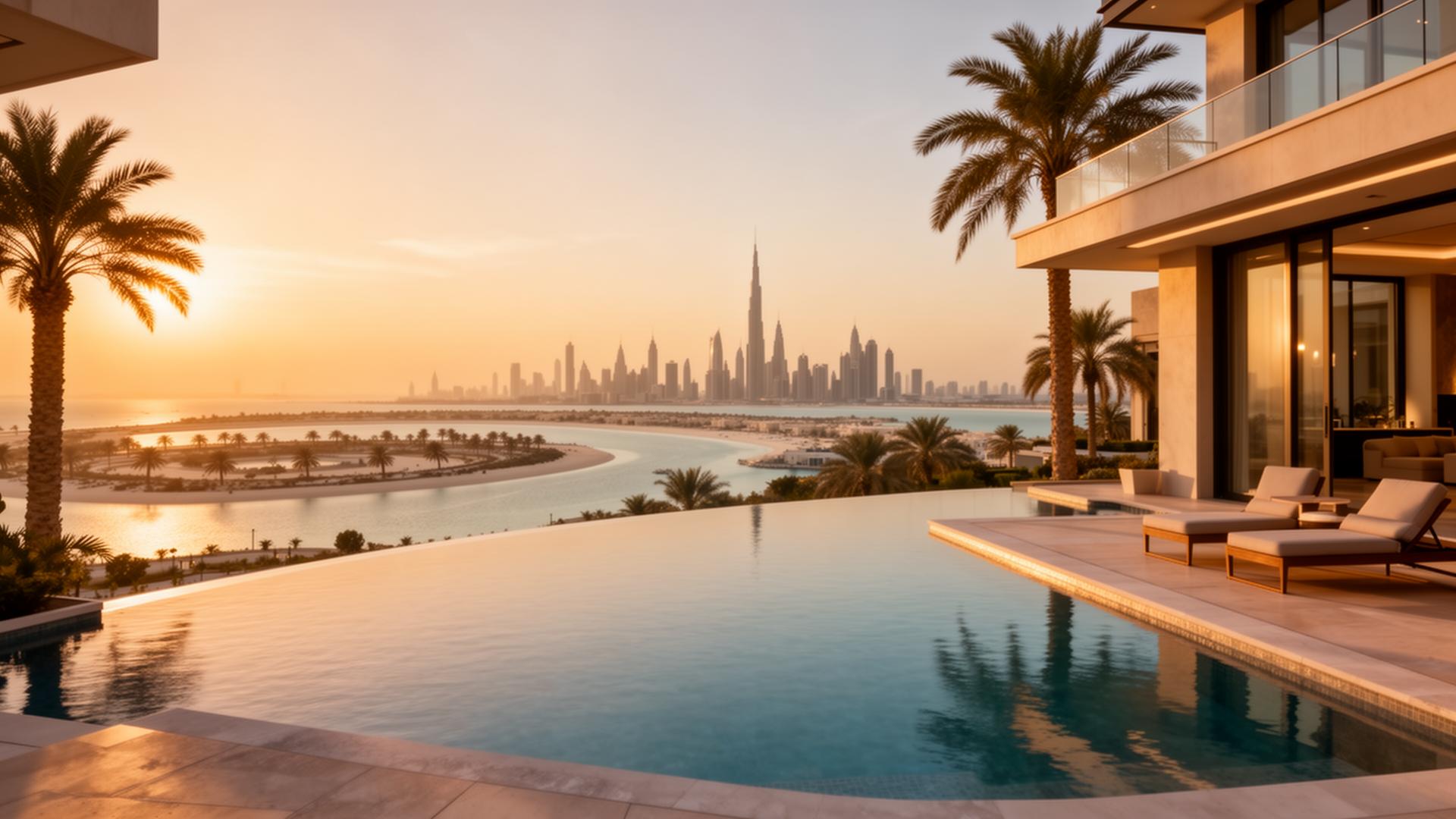 Luxe villa met infinity pool en uitzicht op de skyline van Dubai bij gouden uur