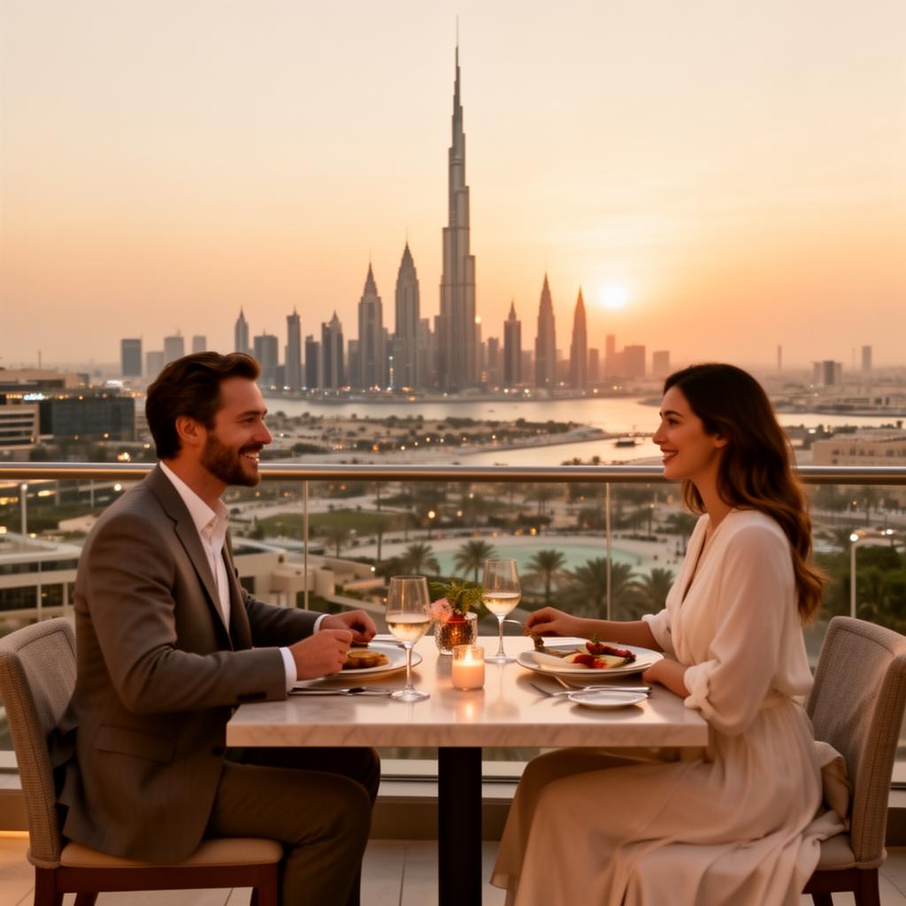 Stel dineert op een dakterras met uitzicht op de Burj Khalifa bij zonsondergang