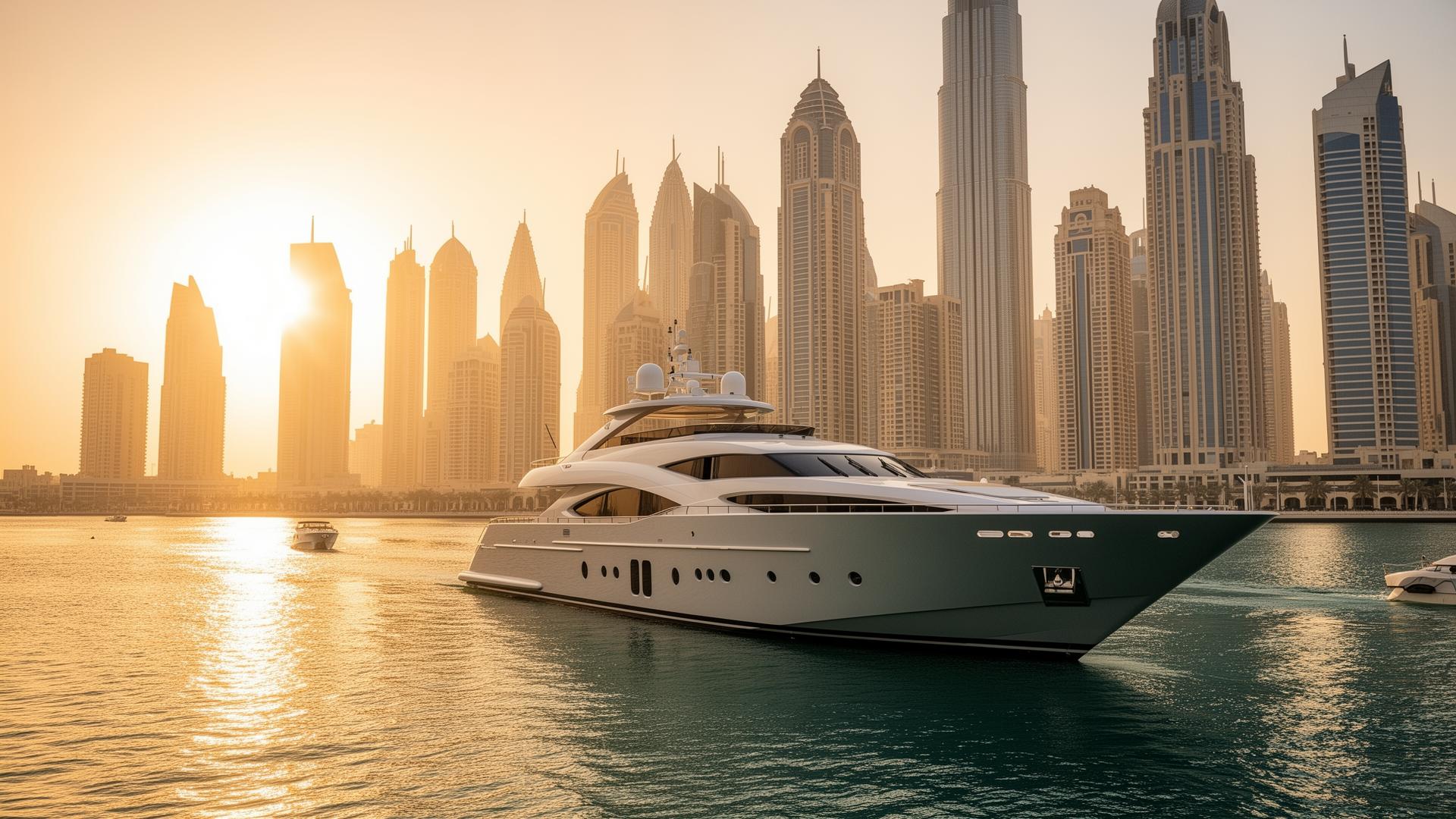 Luxe jacht in Dubai Marina bij zonsondergang