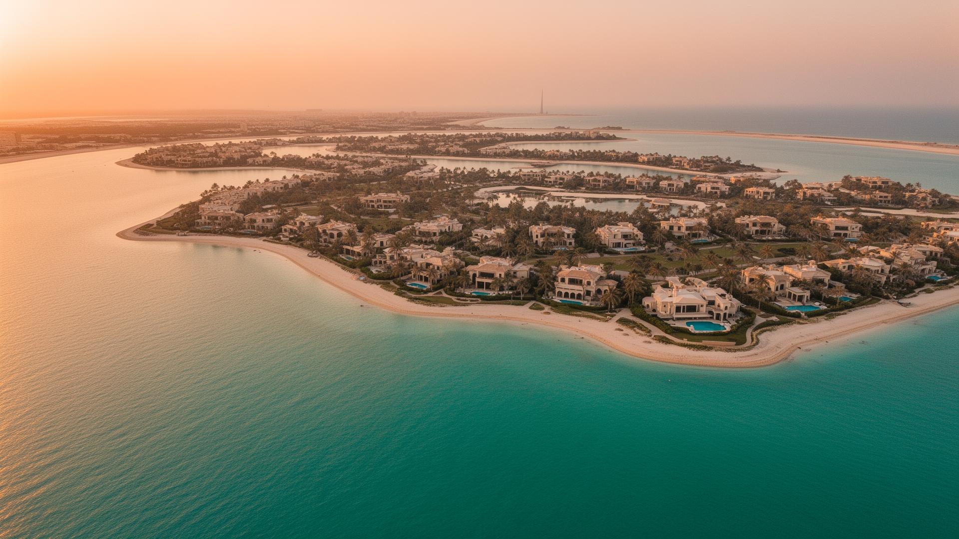 Aerial view van Palm Jumeirah Dubai met luxe villa's